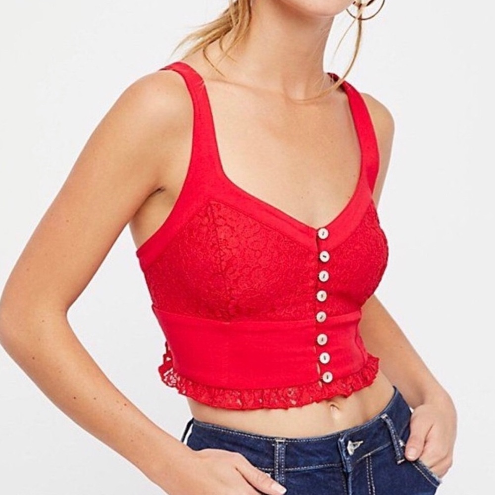 Free People Here I Go Lace Contrast Brami red crop top shirt medium tank